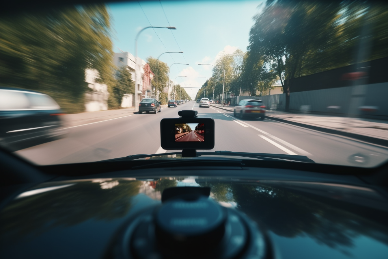 A car driving down a street with a dash cam attached, taking video of the surrounding area